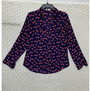 Express Top Women Sz S Blue Pink Flamingo Portofino‎ Sheer Long Sleeve Roll Tab